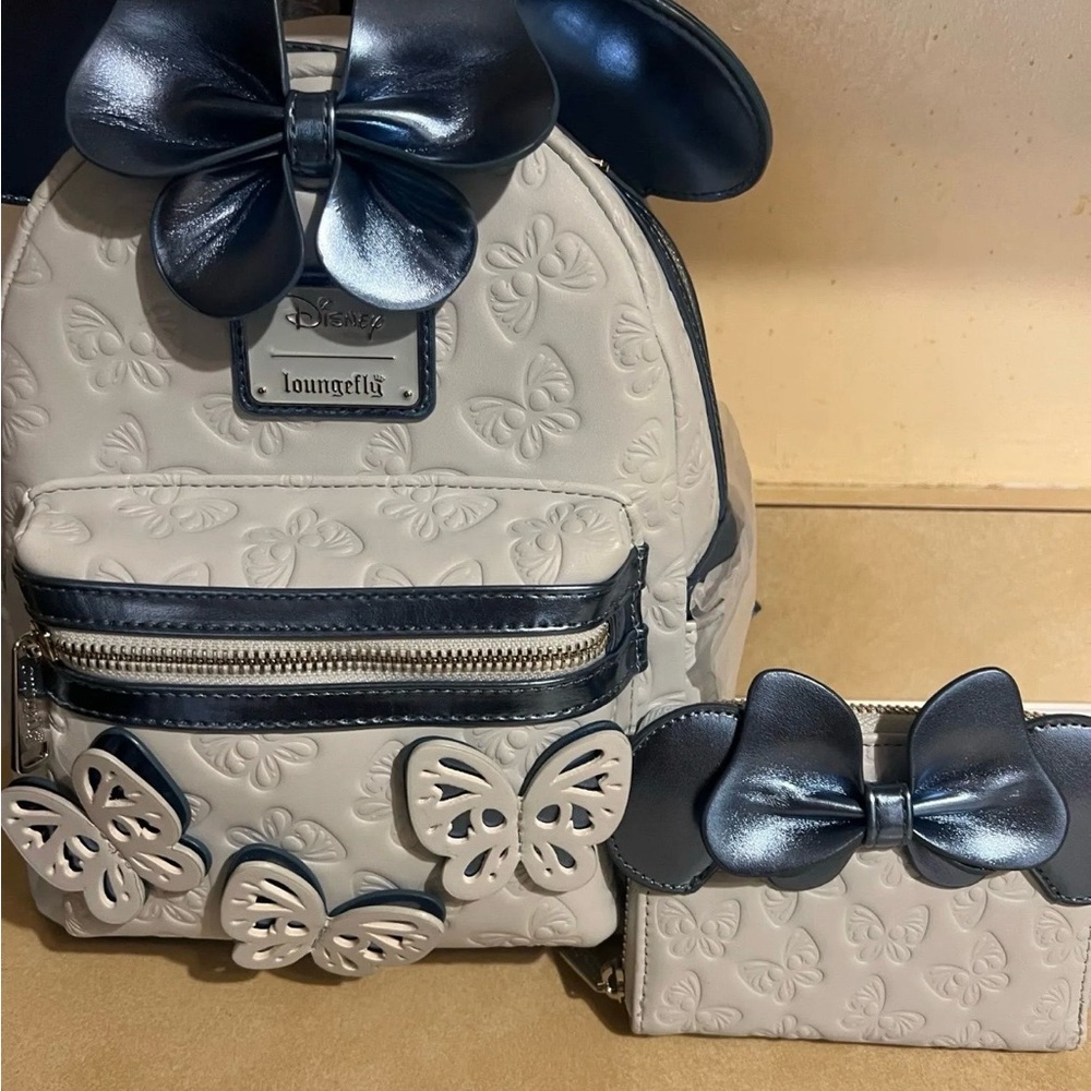 Loungefly White and Blue Butterfly Backpack and Wallet Set NWT